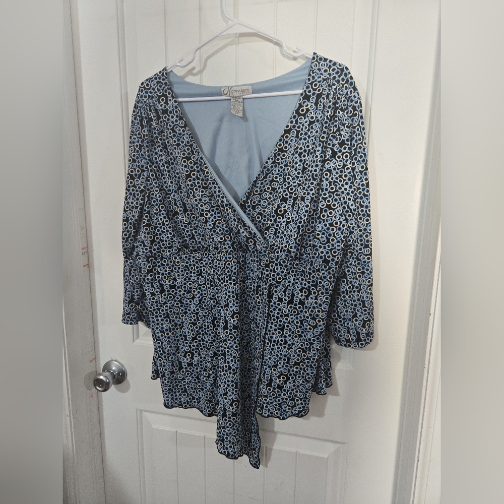 Dressbarn Woman 3X Blue Wrap Style Top Plus Size V Neck Peplum Blouse